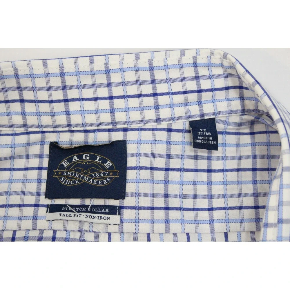 Eagle Shirtmakers Mens 22 37/38 Tall Fit Blue White Check Non-Iron Dress Shirt